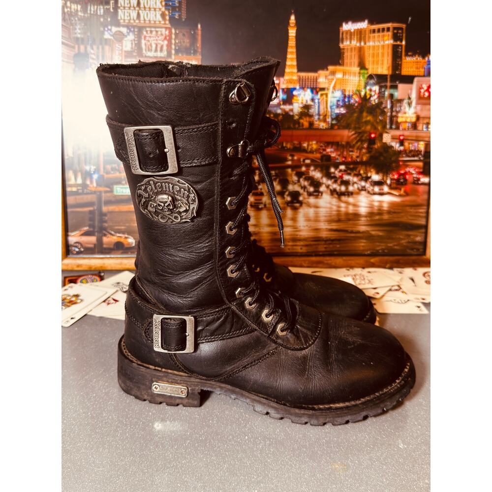 Xelement Women’s Black Leather Motorcycle Combat Boots Skull Riding Boots sz 8.5